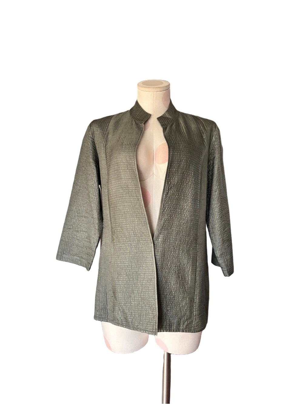 Eileen Fisher Textured Tussah Silk Open-Front Jacket in gray olive green - small